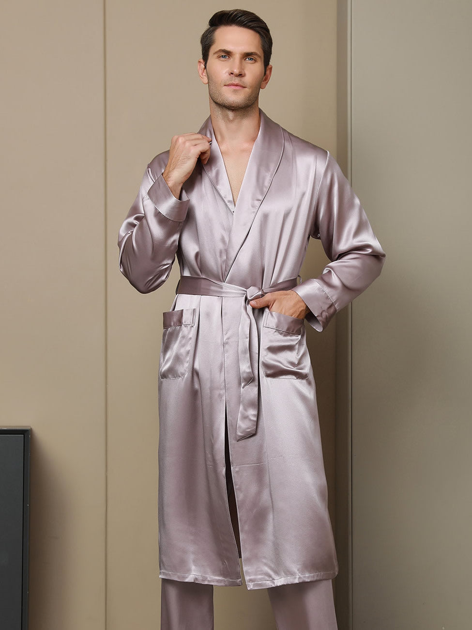[Pale Mauve] SilkSilky-CA 19Momme Pure Silk Long Sleeve Mens Robe 001