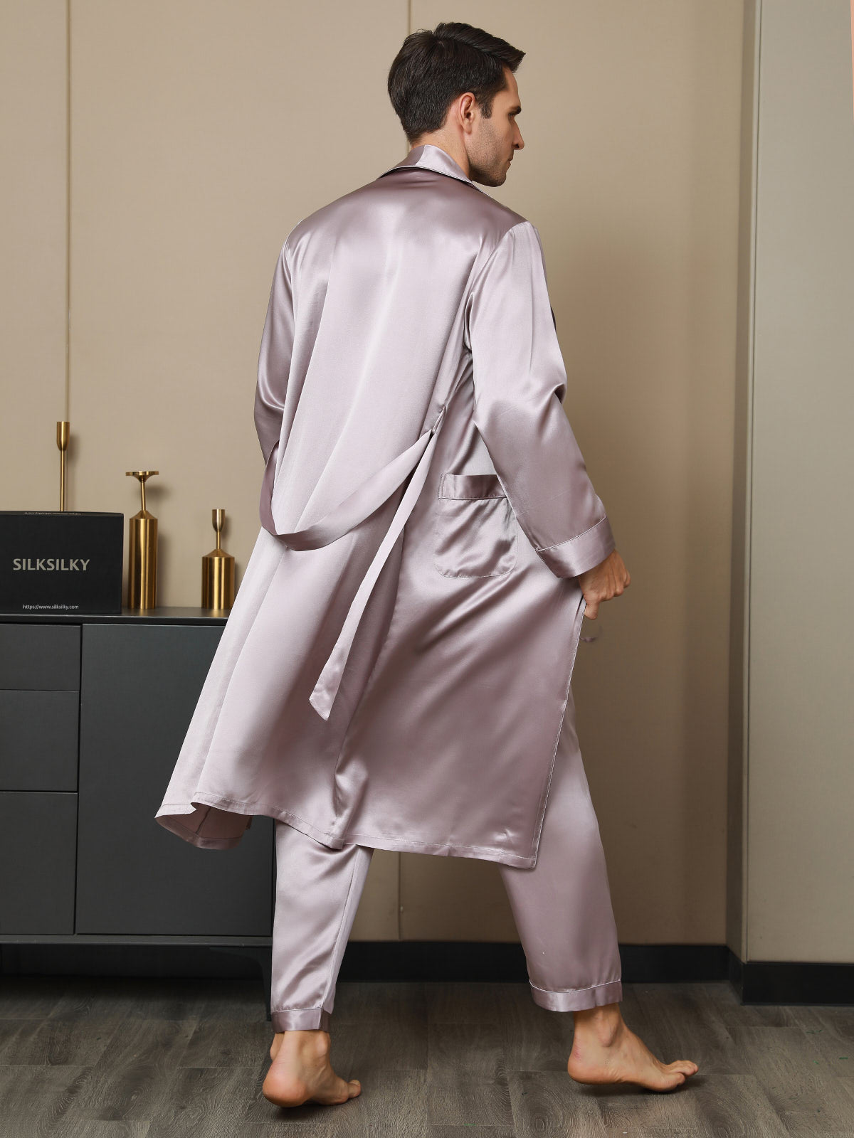 [Pale Mauve] SilkSilky-CA 19Momme Pure Silk Long Sleeve Mens Robe 002