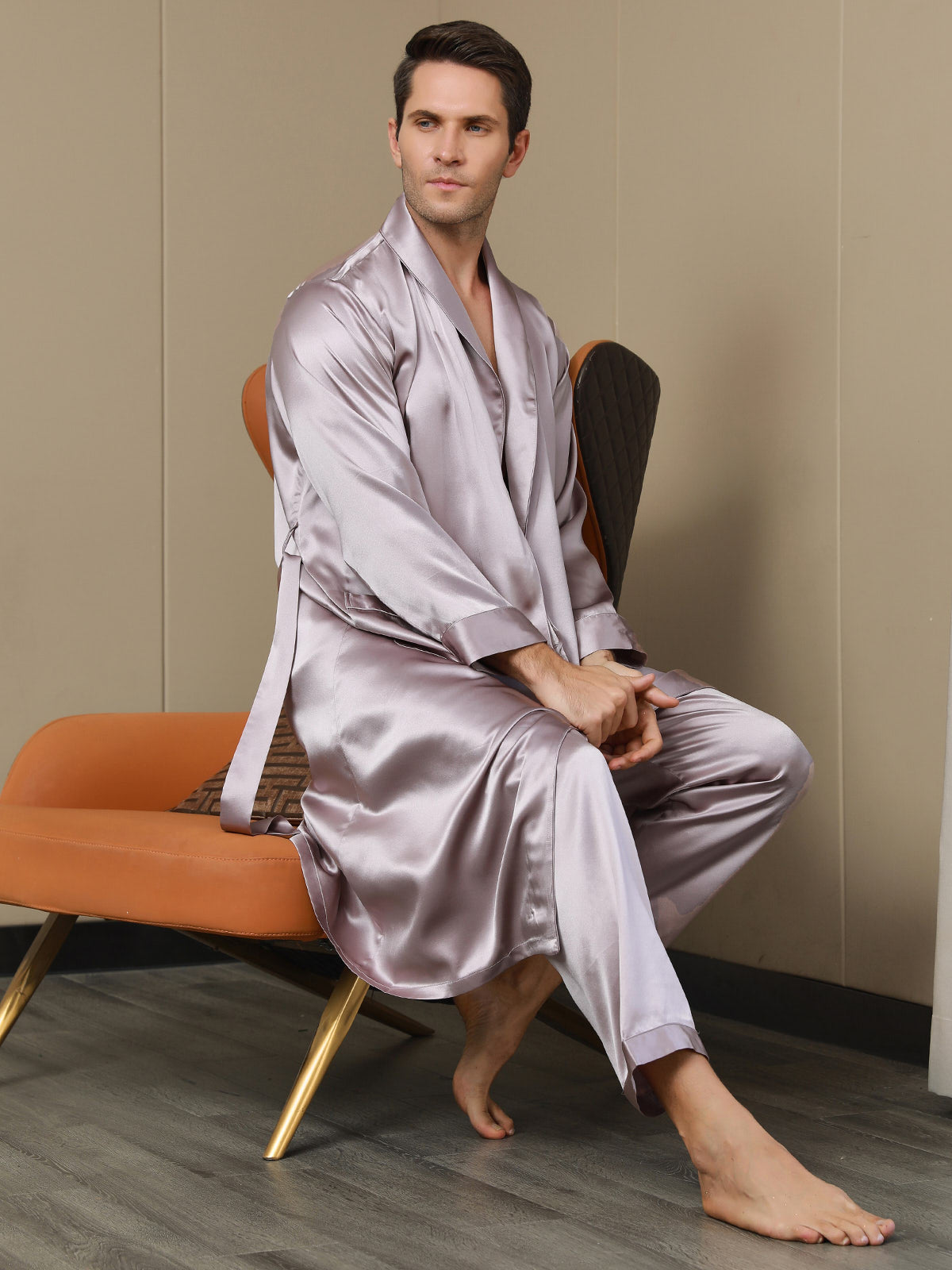 [Pale Mauve] SilkSilky-CA 19Momme Pure Silk Long Sleeve Mens Robe 003