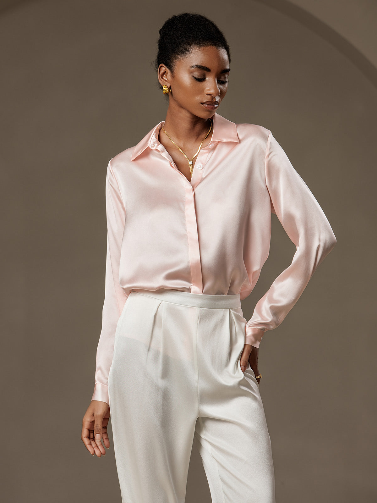 [Pink] SilkSilky-CA 19Momme Silk Lapel Collar Women's Shirt 001