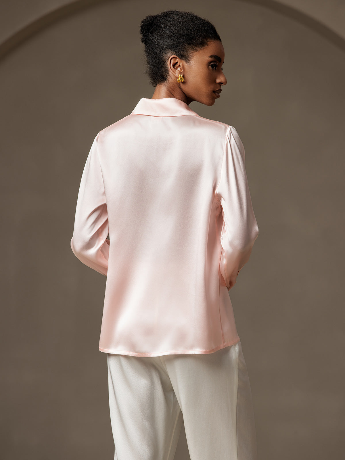 [Pink] SilkSilky-CA 19Momme Silk Lapel Collar Women's Shirt 002