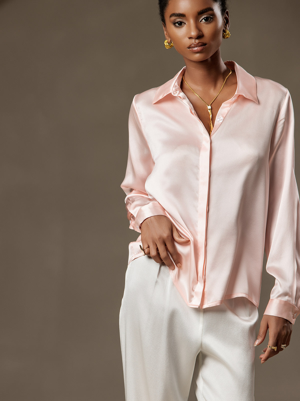 [Pink] SilkSilky-CA 19Momme Silk Lapel Collar Women's Shirt 003