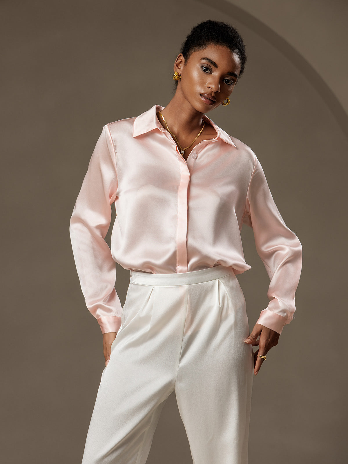 [Pink] SilkSilky-CA 19Momme Silk Lapel Collar Women's Shirt 004