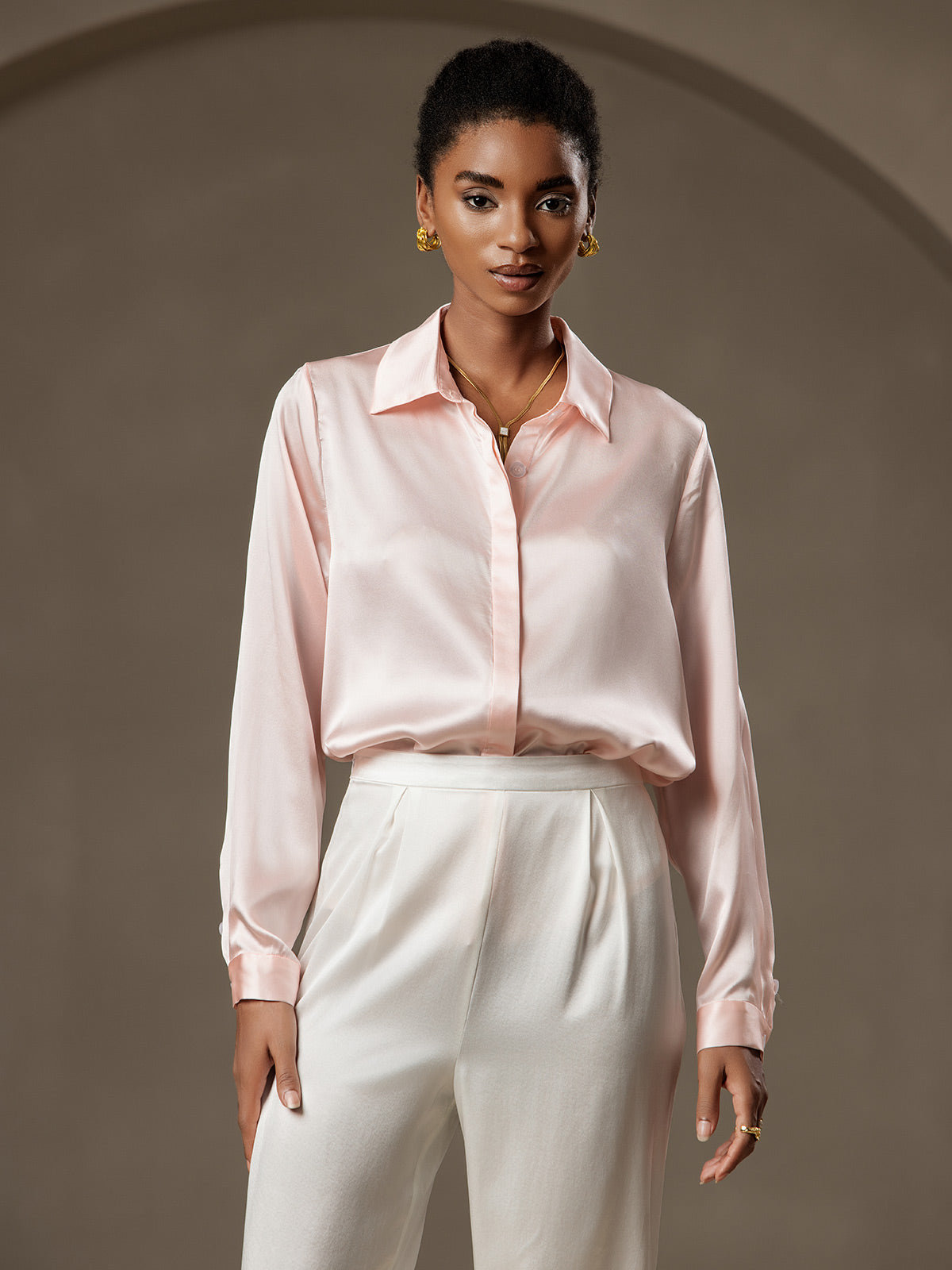 [Pink] SilkSilky-CA 19Momme Silk Lapel Collar Women's Shirt 005