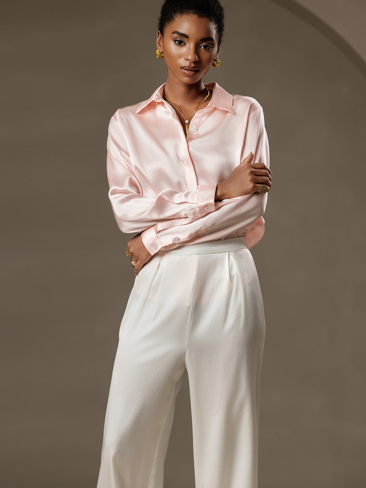 [Pink] SilkSilky-CA 19Momme Silk Lapel Collar Women's Shirt 006