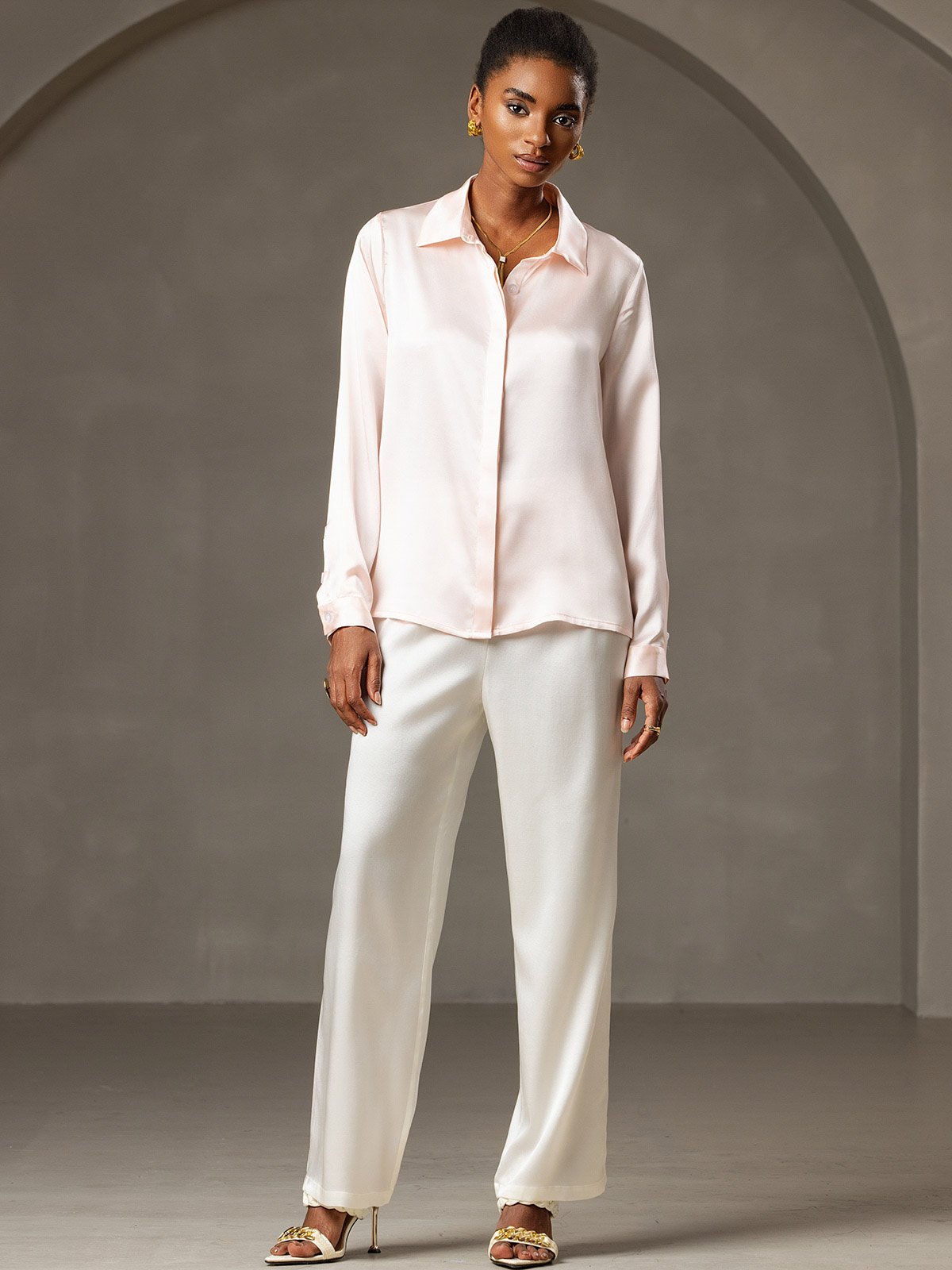 [Pink] SilkSilky-CA 19Momme Silk Lapel Collar Women's Shirt 007
