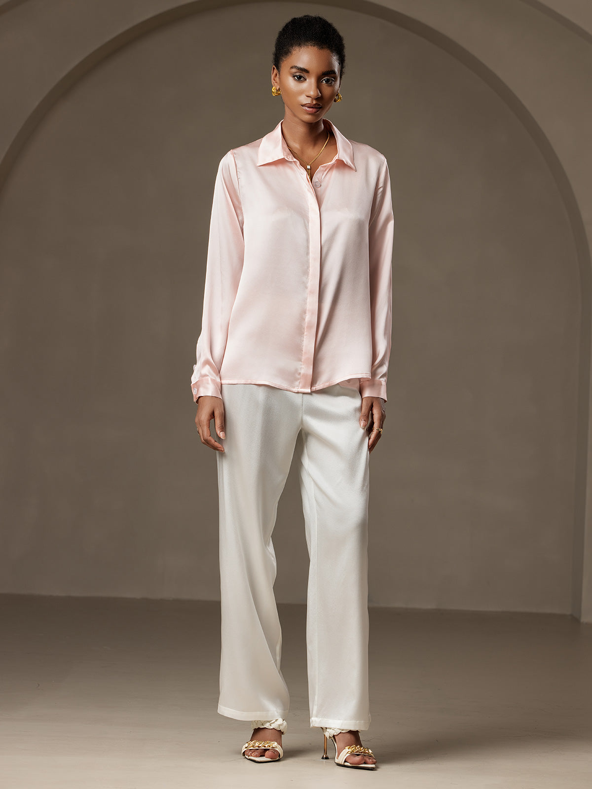 [Pink] SilkSilky-CA 19Momme Silk Lapel Collar Women's Shirt 007
