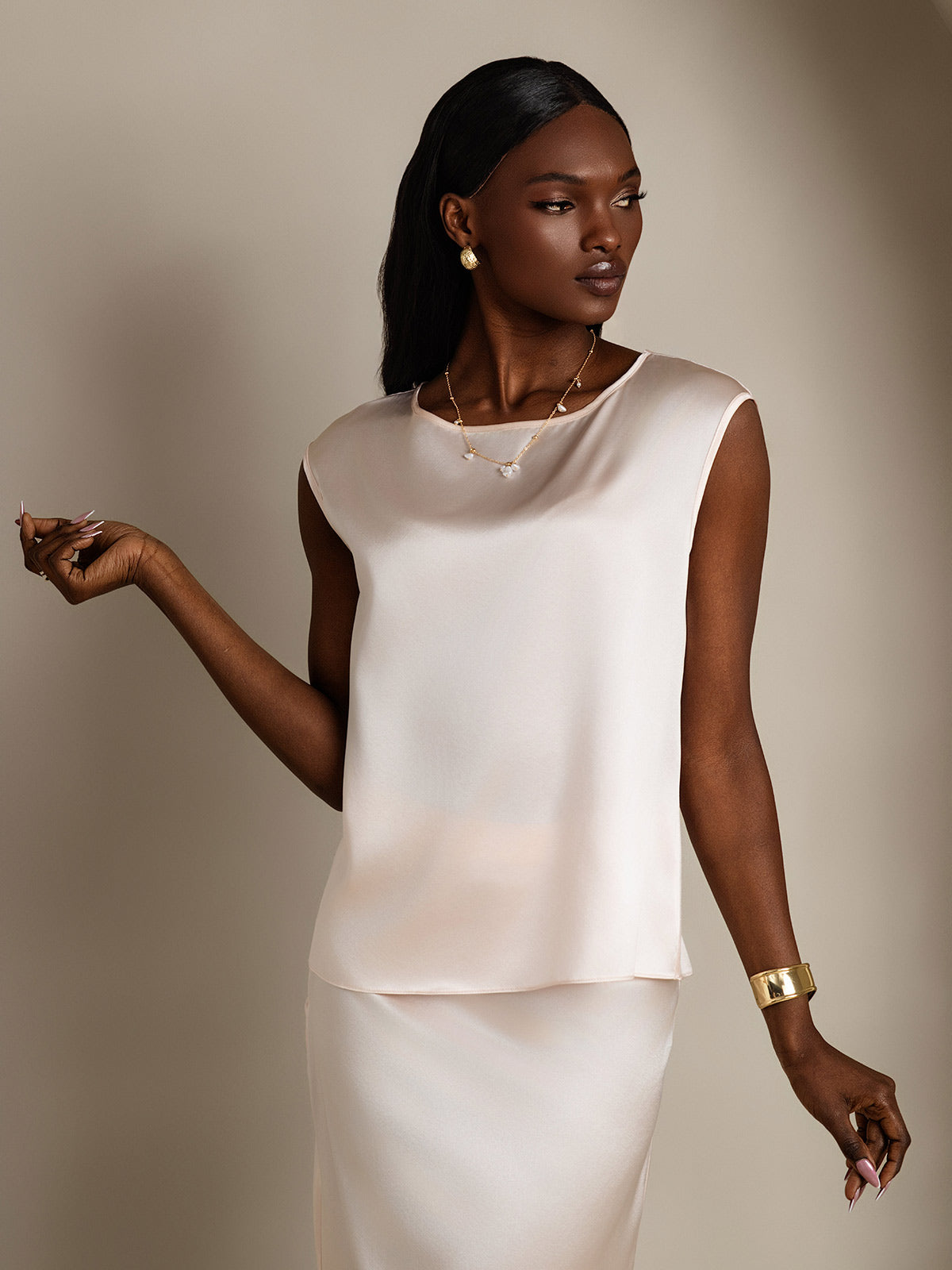 [Pink] SilkSilky-CA 19Momme Silk Sleeveless Round Neck Women's T-Shirt 005