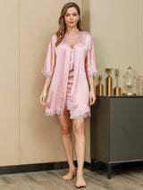 [Pink] SilkSilky-CA Pure Silk Half Sleeve Nightgown&Robe Set 002
