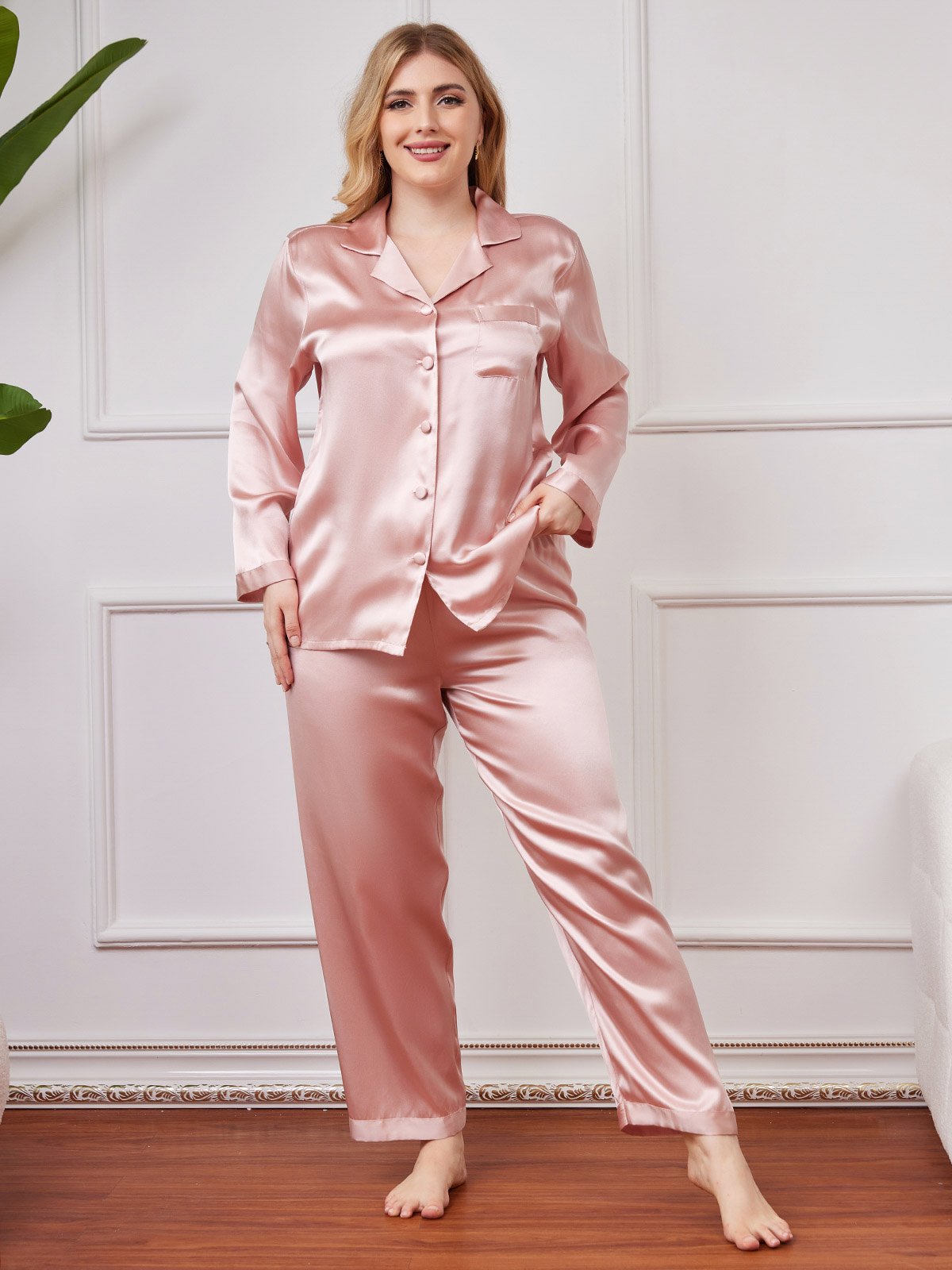[Pink] SilkSilky-CA Pure Silk Long Sleeve Lapel Plus Size Pajamas 001