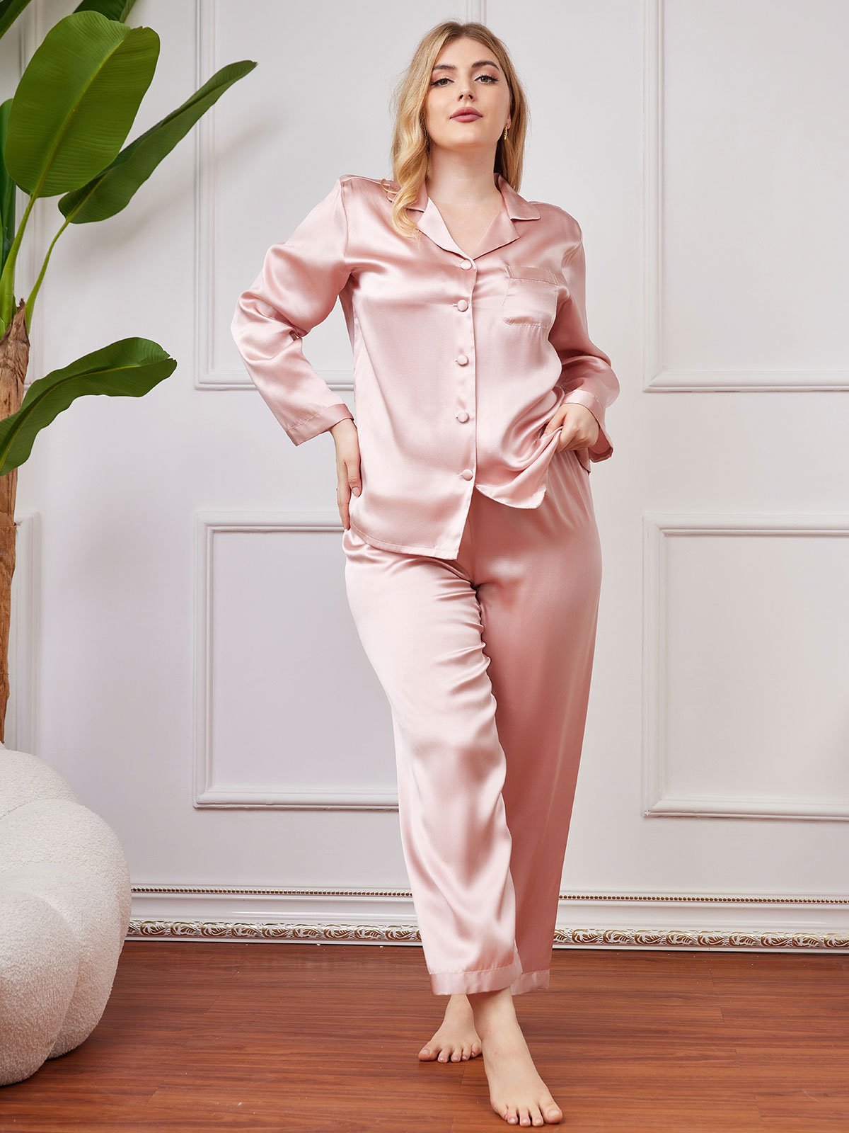 [Pink] SilkSilky-CA Pure Silk Long Sleeve Lapel Plus Size Pajamas 004