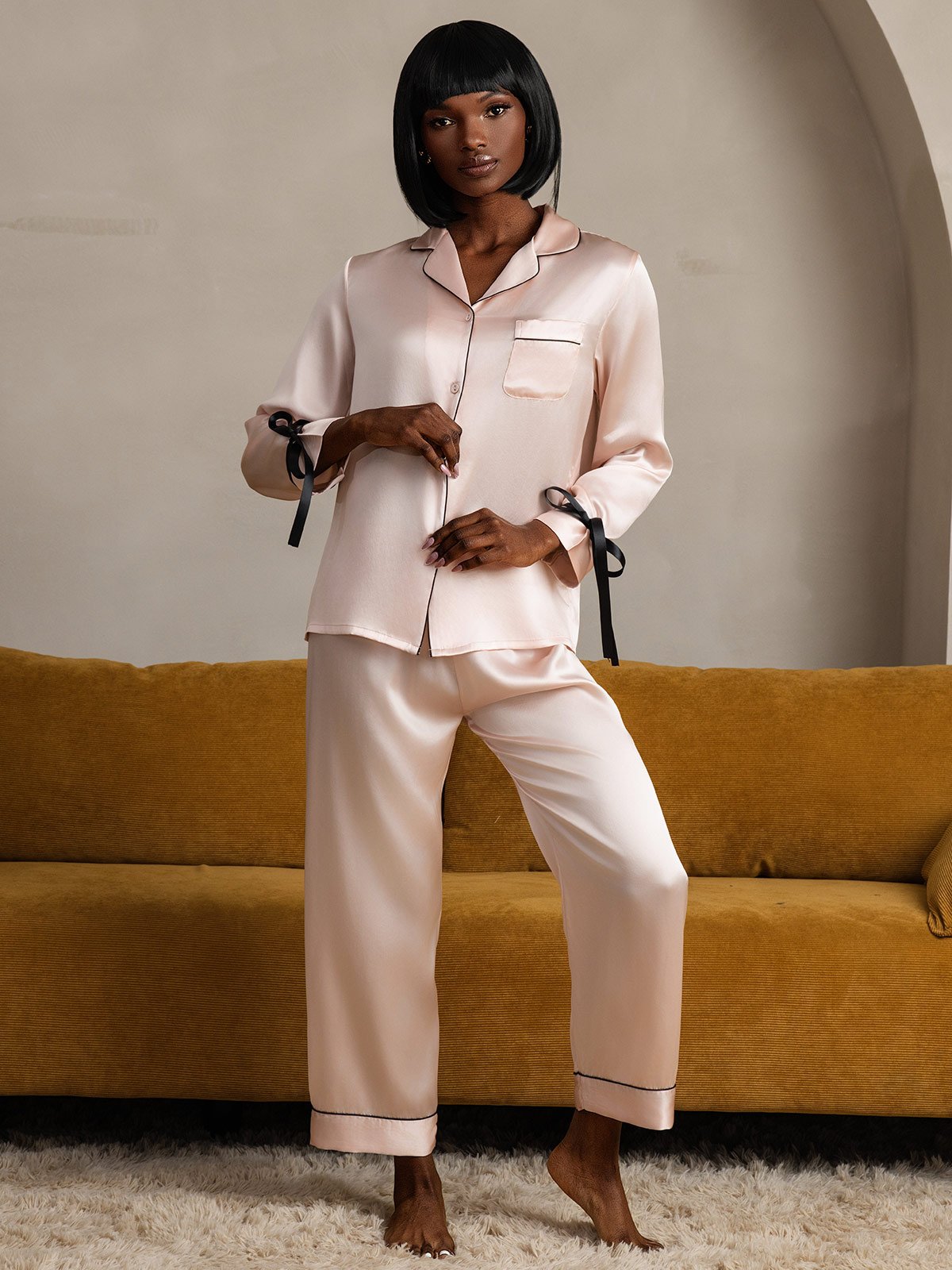 [Pink] SilkSilky-CA Pure Silk Long Sleeve Lapel Women's Pajamas 003