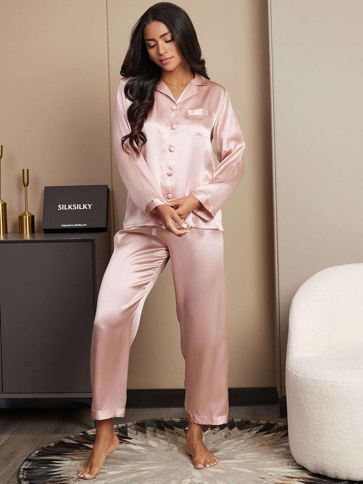 [Pink] SilkSilky-CA Pure Silk Long Sleeve Lapel Women's Pajamas 004