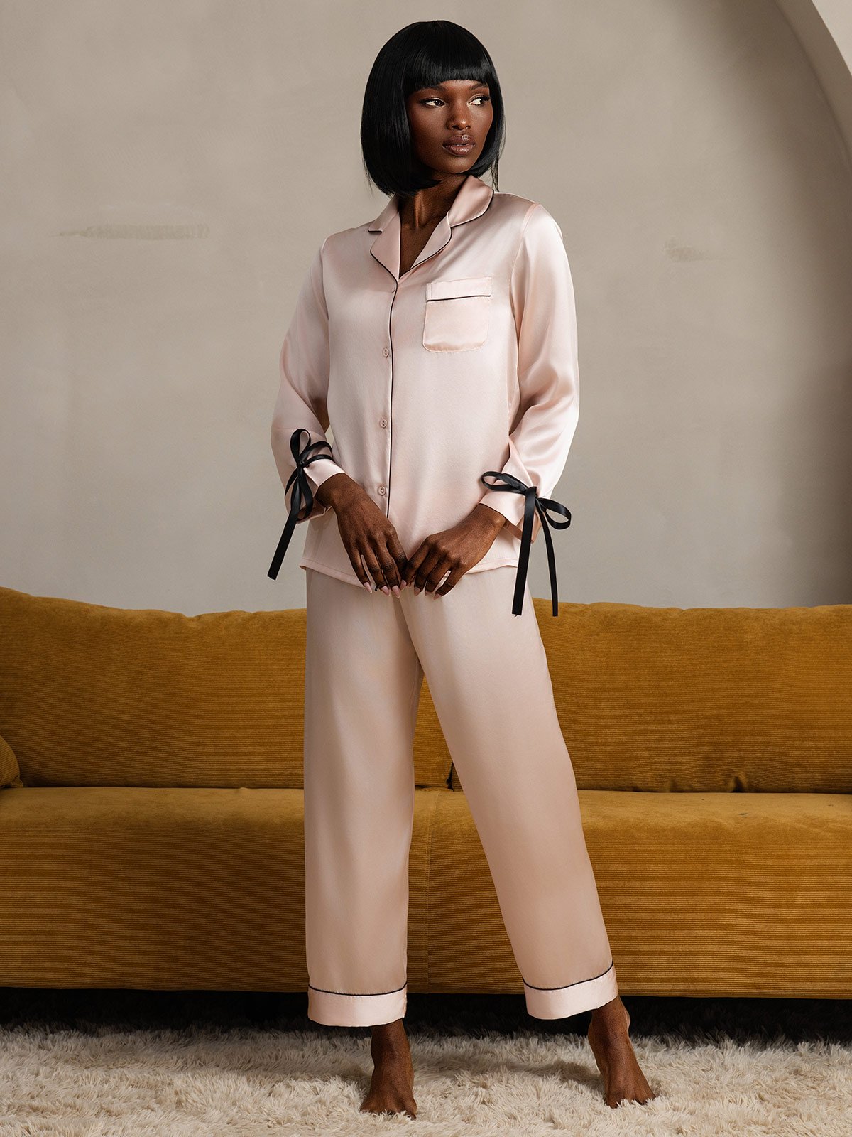 [Pink] SilkSilky-CA Pure Silk Long Sleeve Lapel Women's Pajamas 004