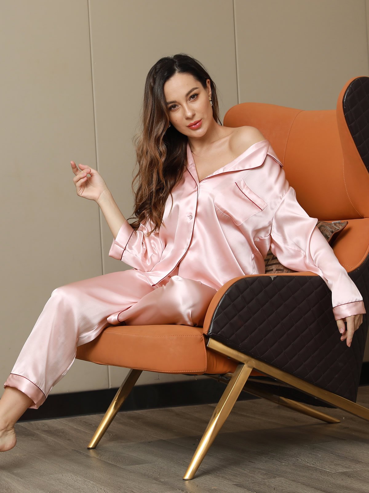 [Pink] SilkSilky-CA Pure Silk Long Sleeve Lapel Women's Pajamas 005