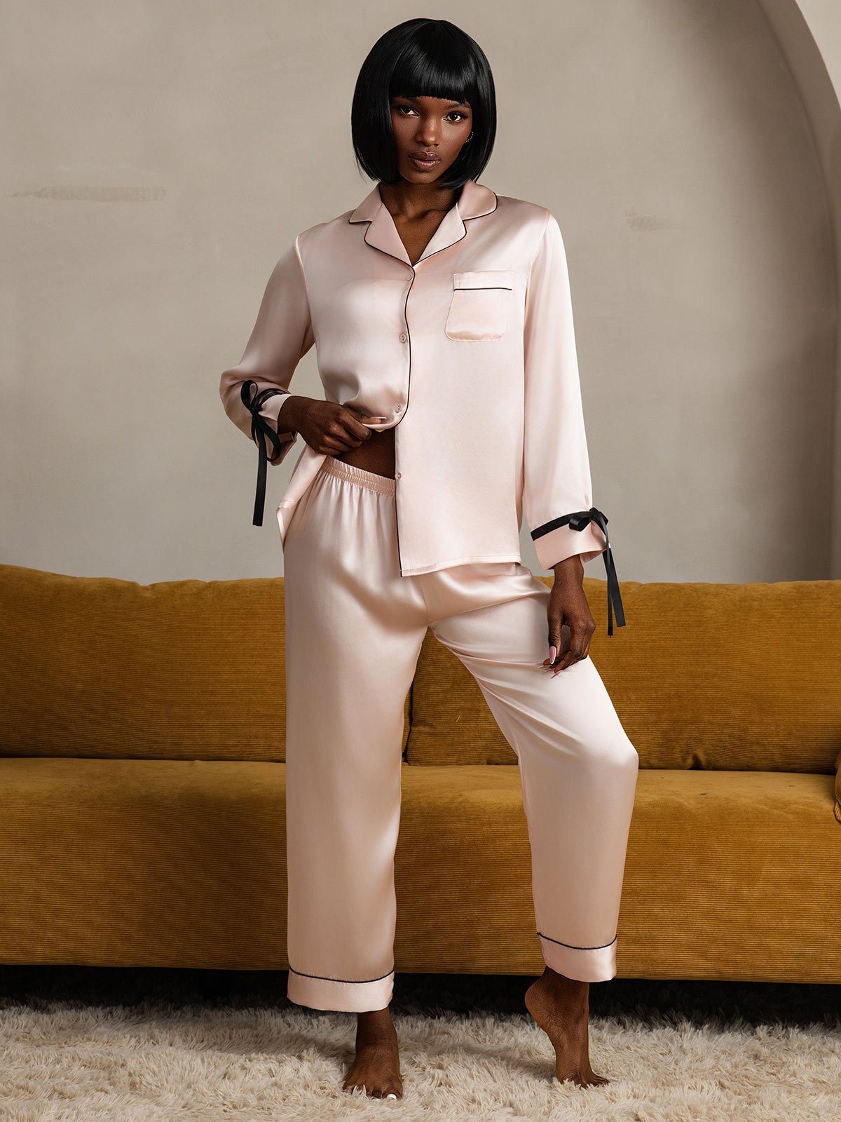 [Pink] SilkSilky-CA Pure Silk Long Sleeve Lapel Women's Pajamas 005