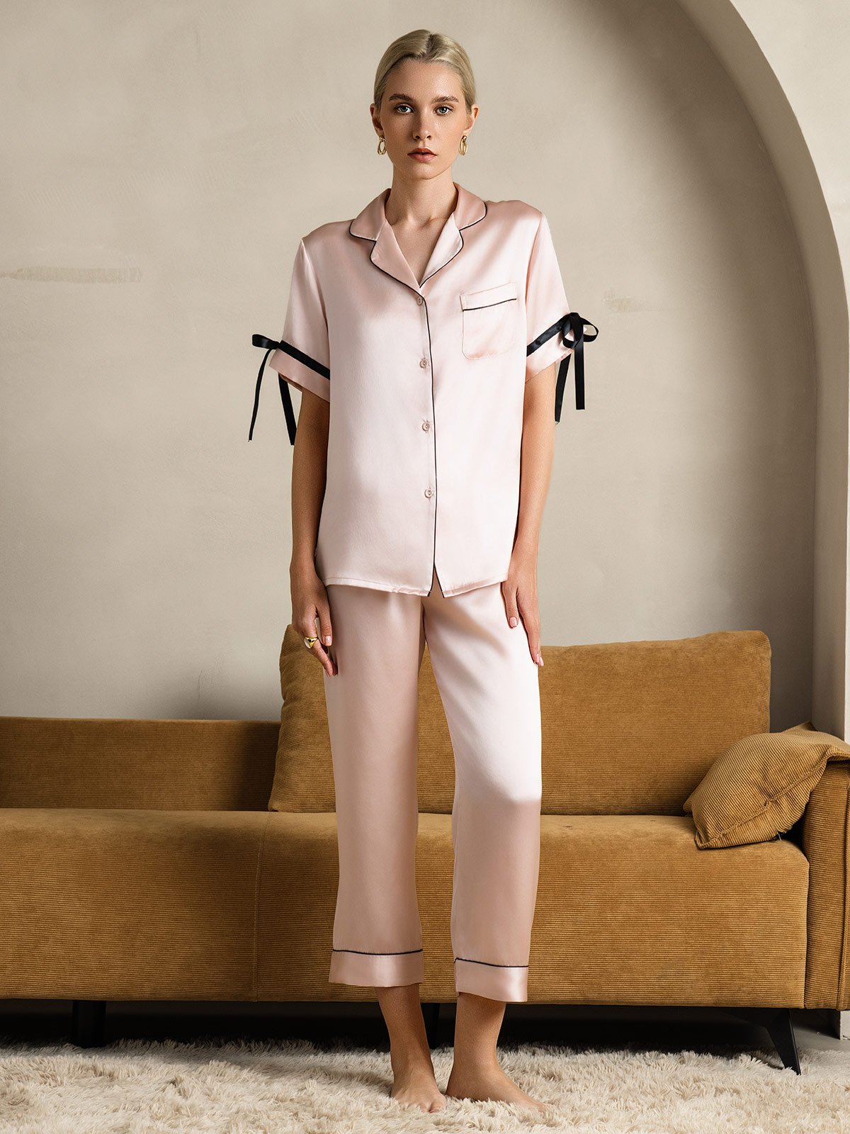 [Pink] SilkSilky-CA Pure Silk Short Sleeve Lapel Women's Pajamas 001