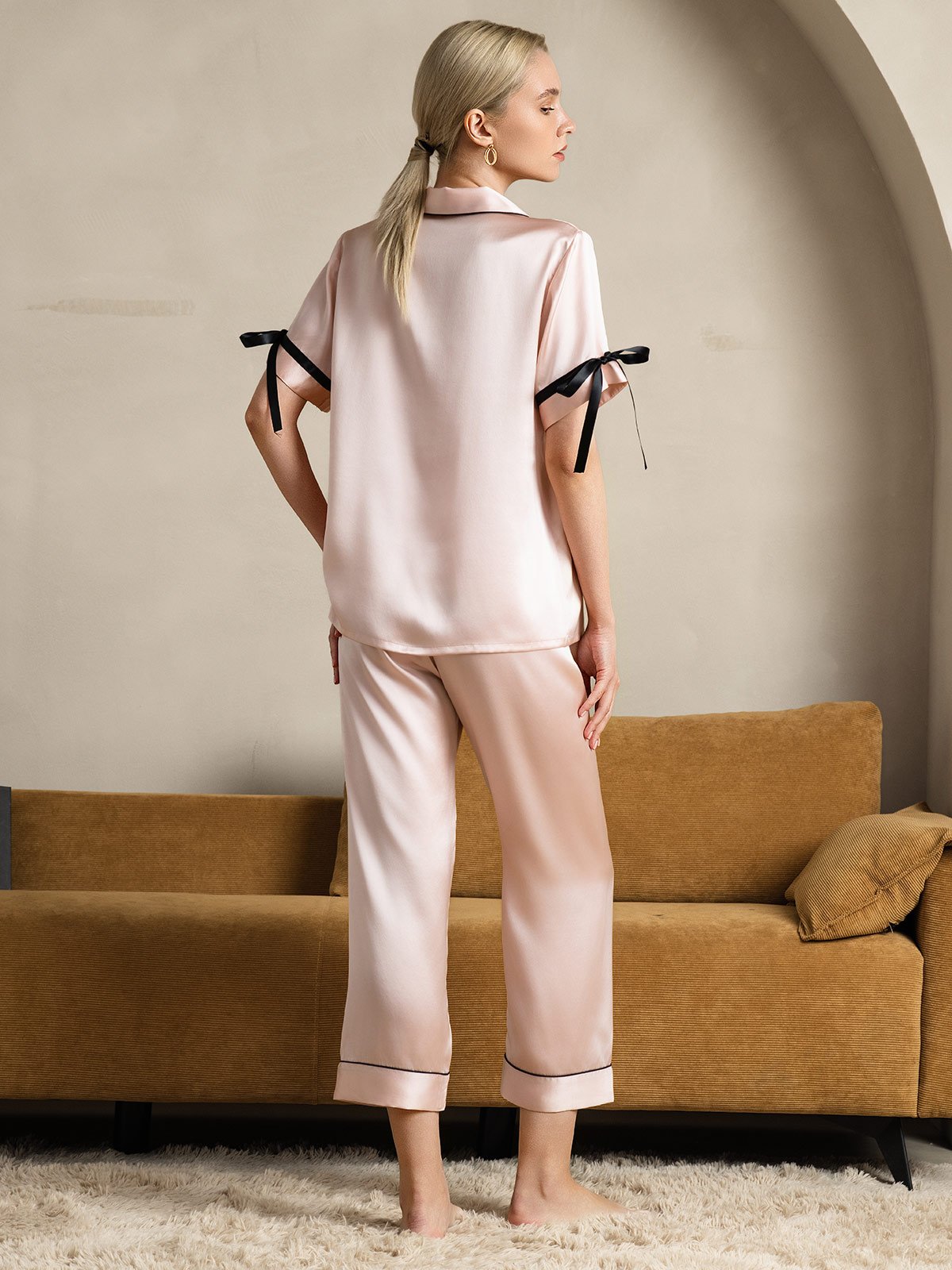 [Pink] SilkSilky-CA Pure Silk Short Sleeve Lapel Women's Pajamas 002