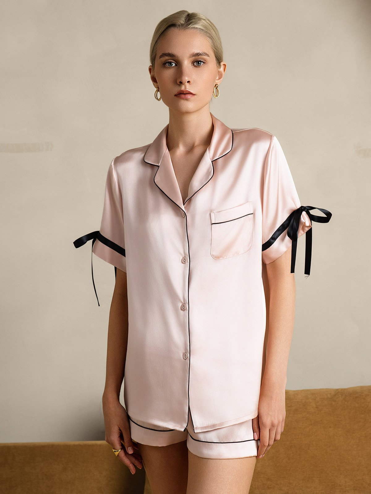 [Pink] SilkSilky-CA Pure Silk Short Sleeve Lapel Women's Pajamas 004