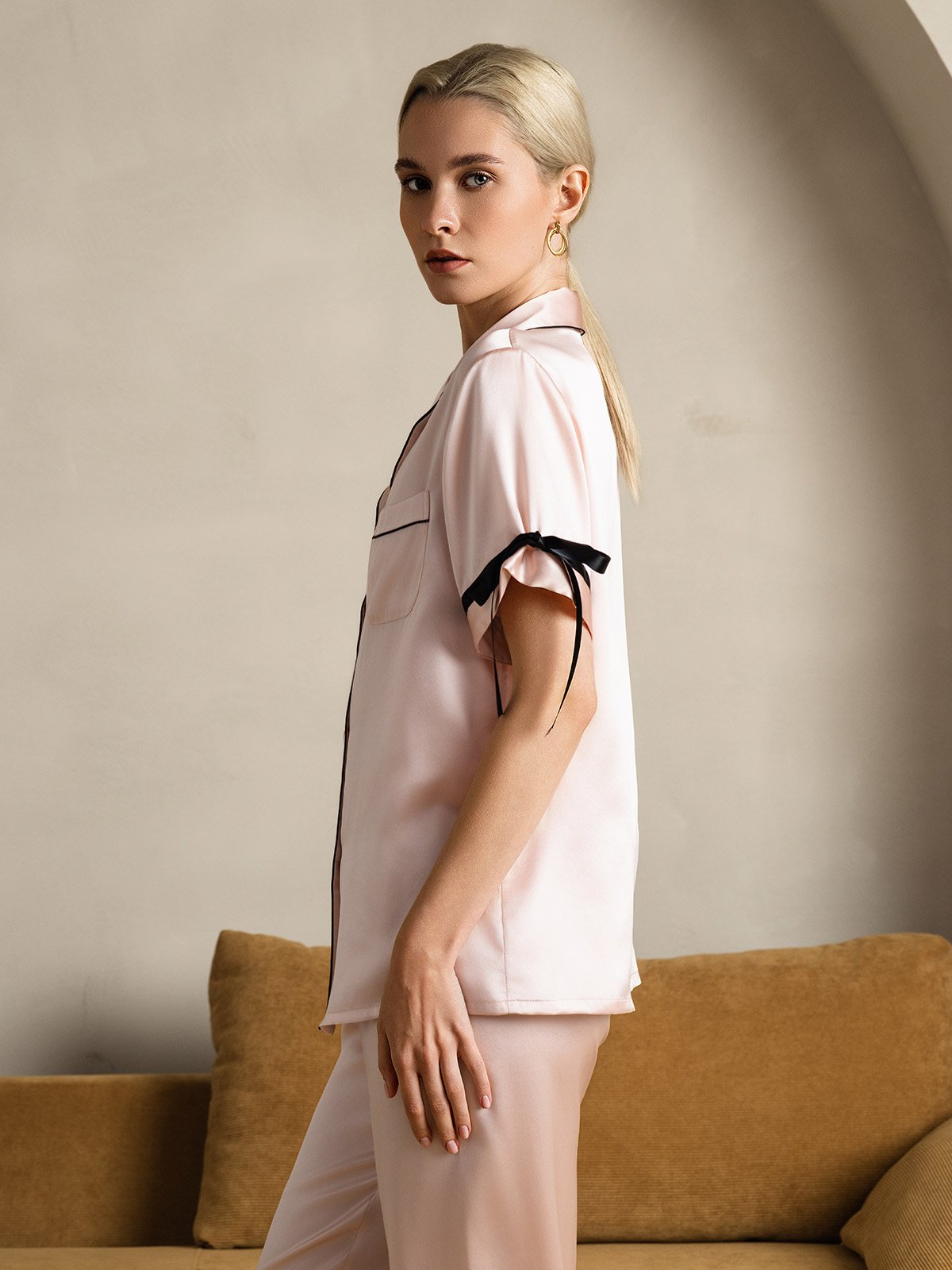 [Pink] SilkSilky-CA Pure Silk Short Sleeve Lapel Women's Pajamas 004