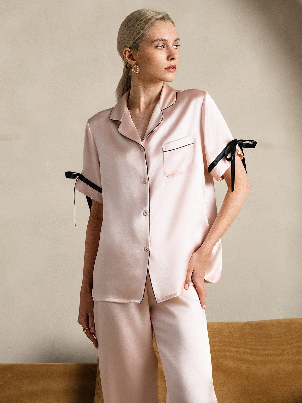 [Pink] SilkSilky-CA Pure Silk Short Sleeve Lapel Women's Pajamas 005