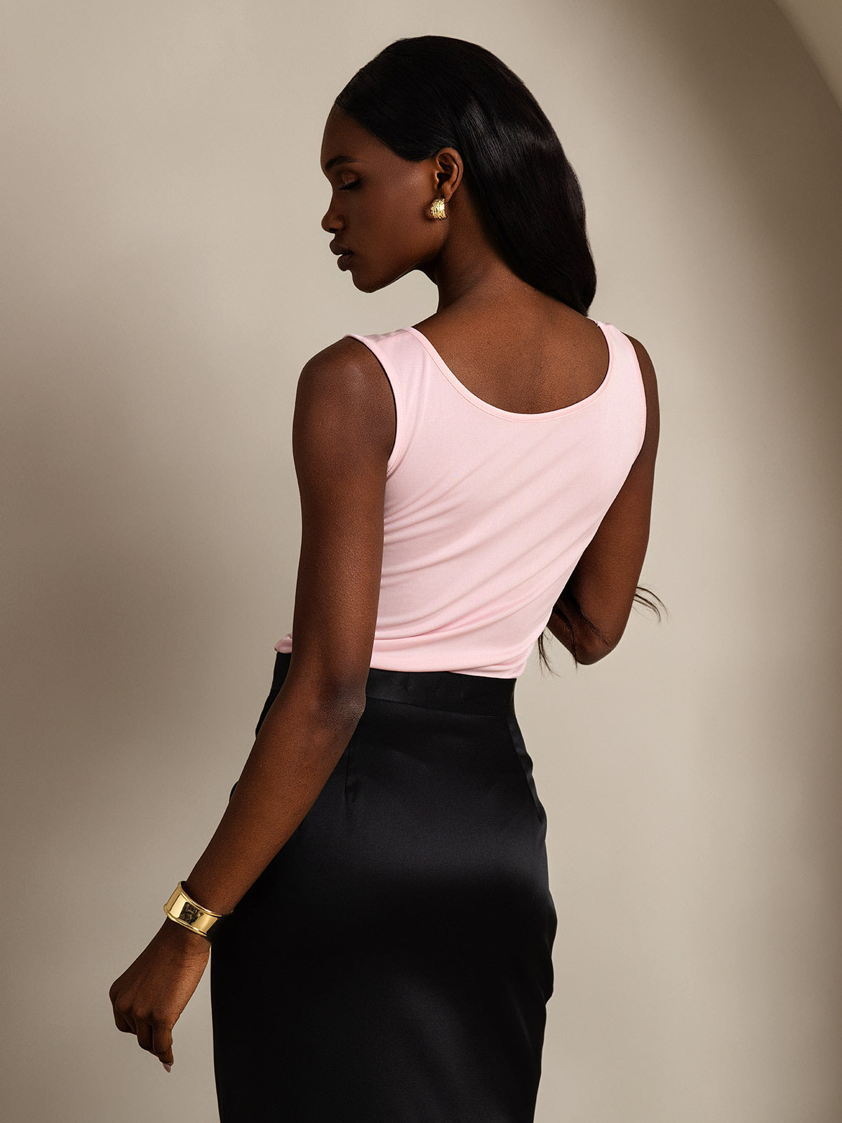 [Pink] SilkSilky-CA Silk Knitted Sleeveless Round Neck Women's T-Shirt 002