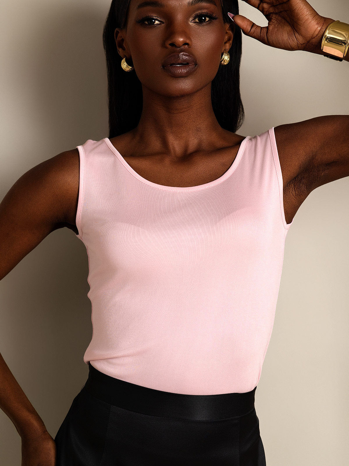[Pink] SilkSilky-CA Silk Knitted Sleeveless Round Neck Women's T-Shirt 003