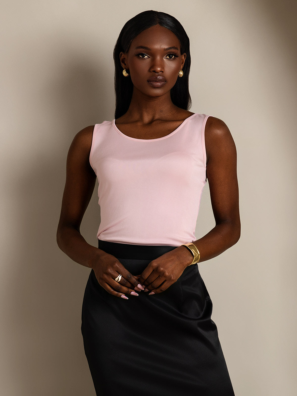 [Pink] SilkSilky-CA Silk Knitted Sleeveless Round Neck Women's T-Shirt 004