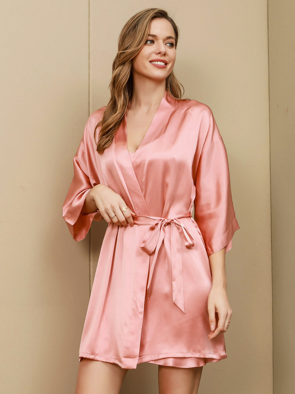 [Pink] SilkSilky-CA Pure Silk 3/4 Sleeve V Neck Nightgown&Robe Set 003