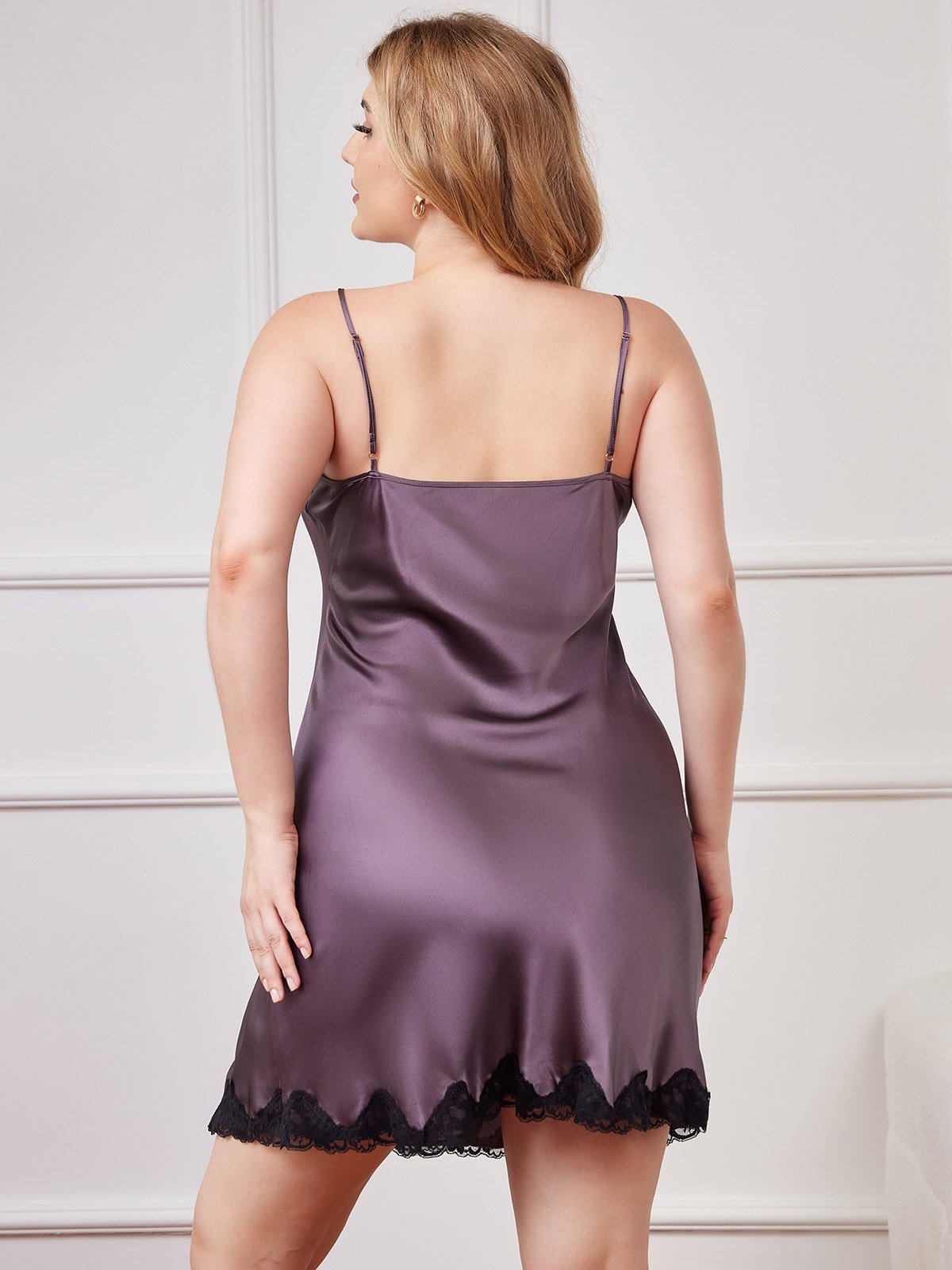 [Purple Gray] SilkSilky-CA Pure Silk Deep V Neck Nightgown 002