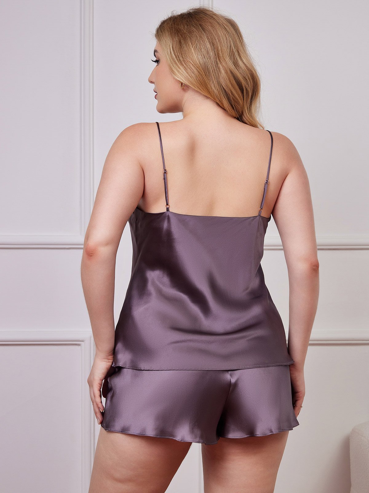 [Purple Gray] SilkSilky-CA Pure Silk Deep V Neck Plus Size Camisole Set 002