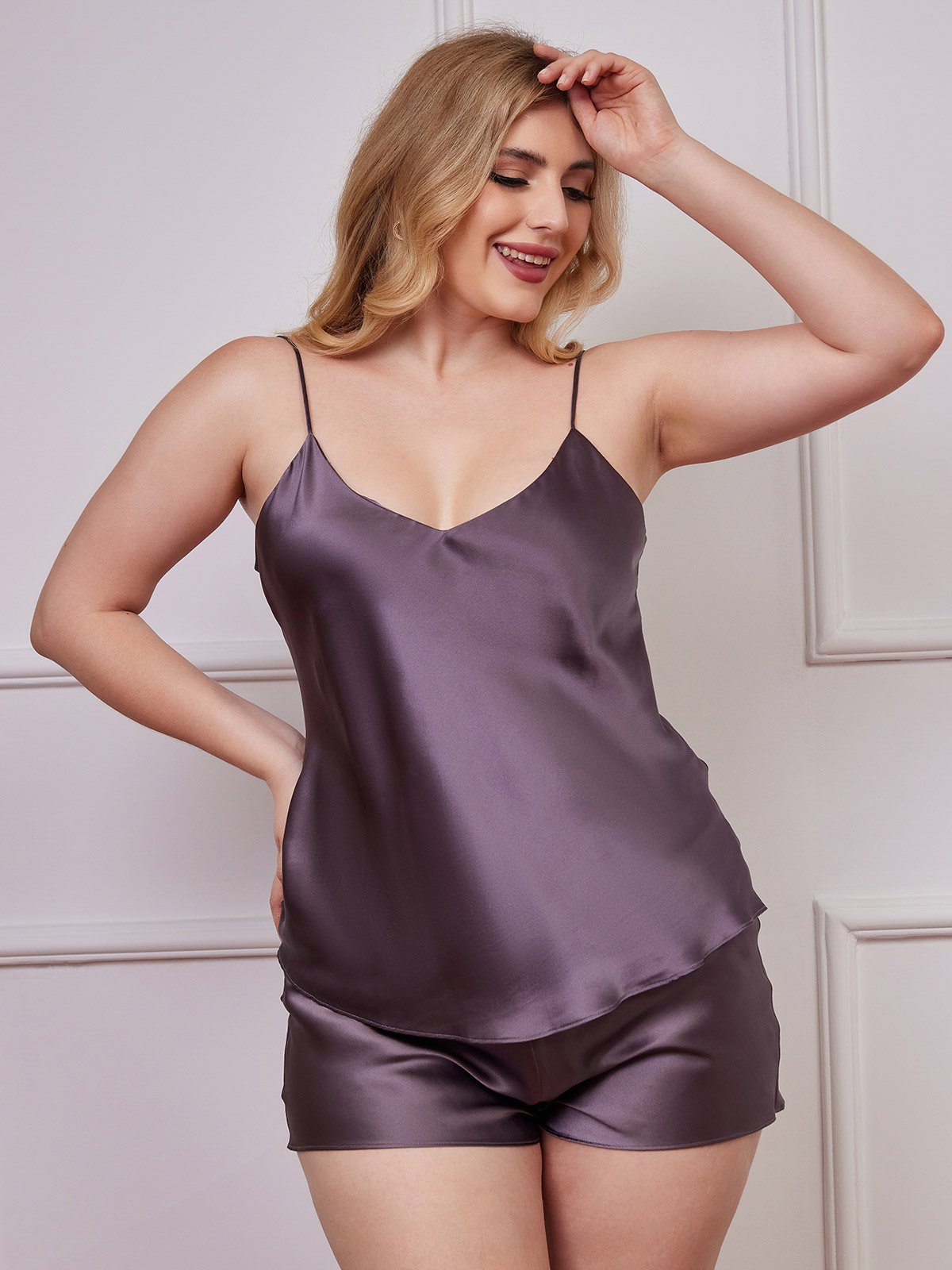 [Purple Gray] SilkSilky-CA Pure Silk Deep V Neck Plus Size Camisole Set 003