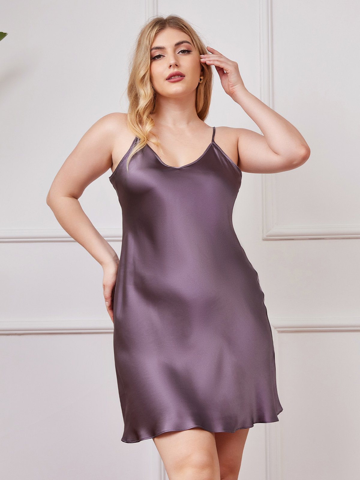 [Purple Gray] SilkSilky-CA Pure Silk Deep V Neck Plus Size Dress 003