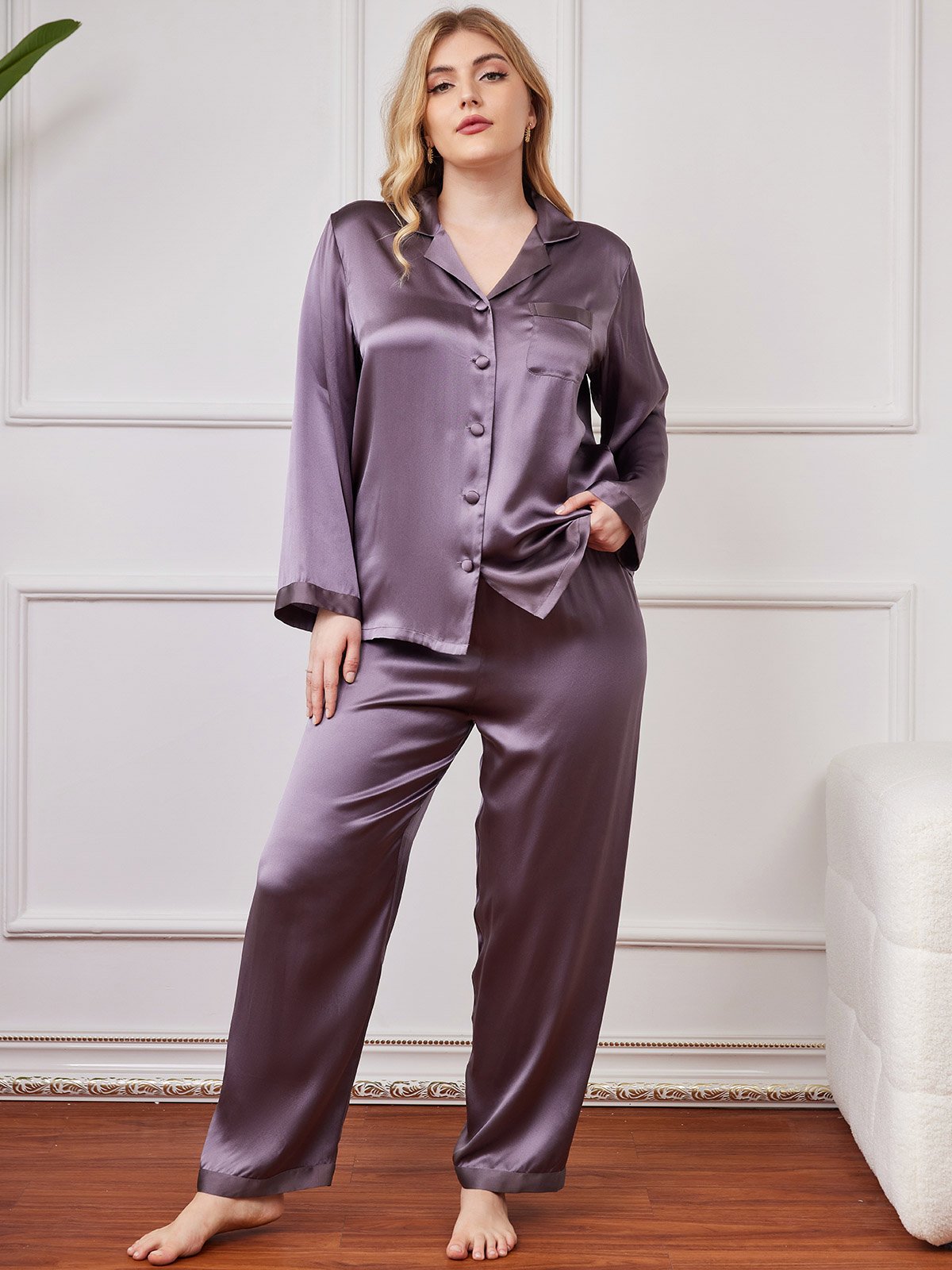 [Purple Gray] SilkSilky-CA Pure Silk Long Sleeve Lapel Plus Size Pajamas 001