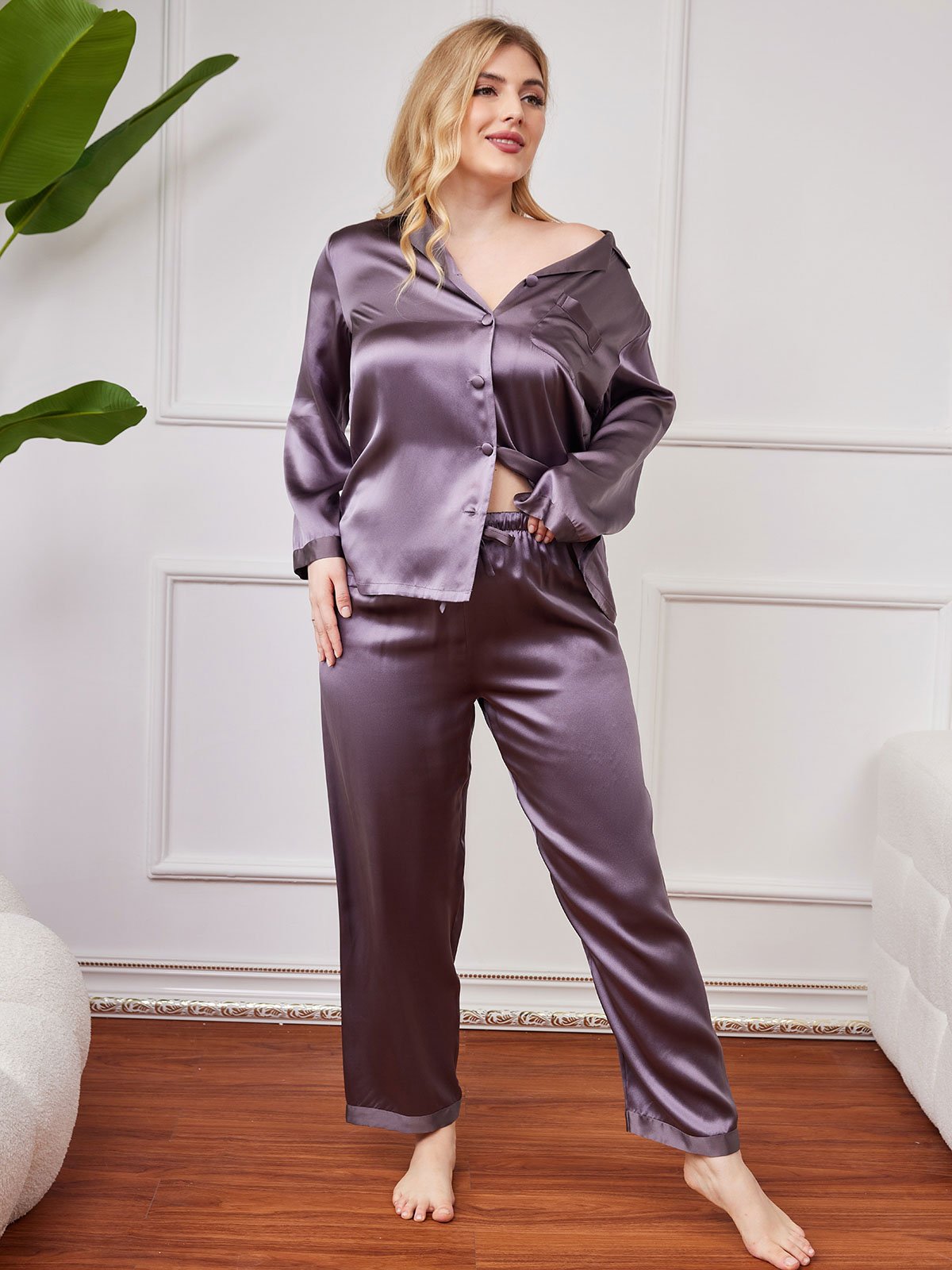 [Purple Gray] SilkSilky-CA Pure Silk Long Sleeve Lapel Plus Size Pajamas 003