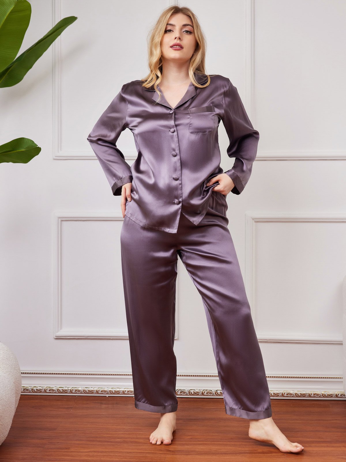 [Purple Gray] SilkSilky-CA Pure Silk Long Sleeve Lapel Plus Size Pajamas 005