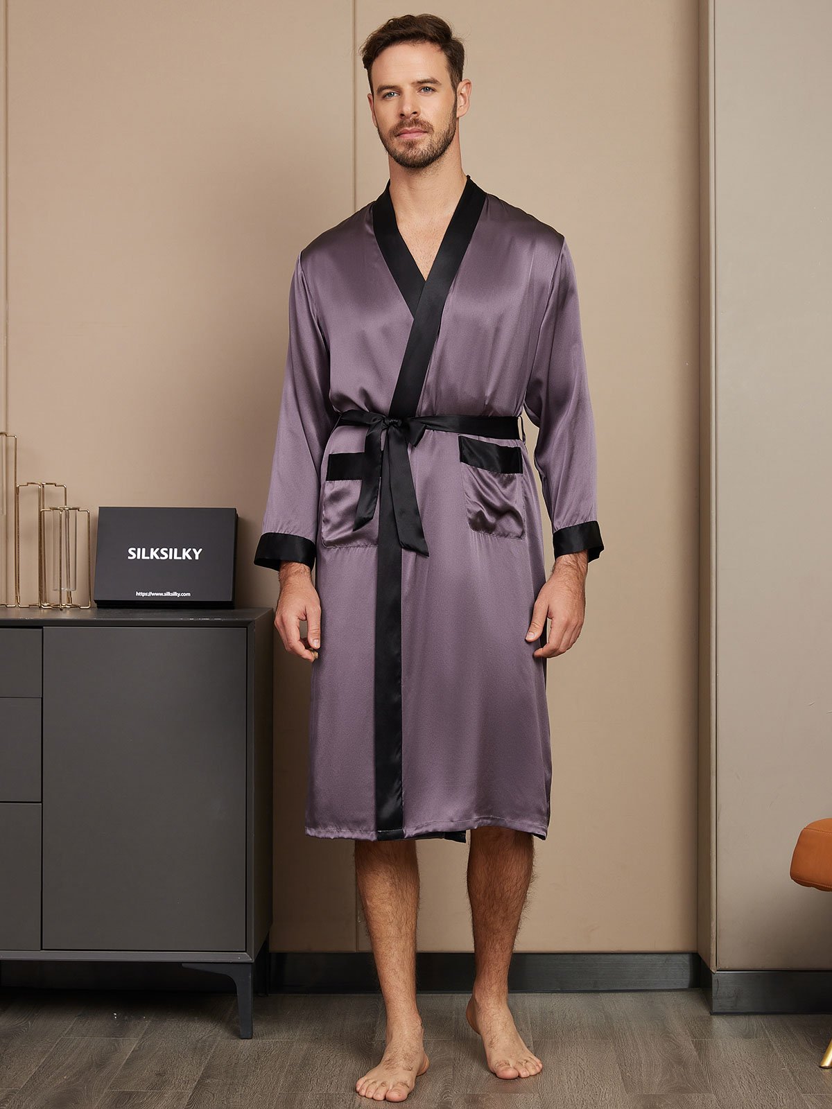 [Purple Gray] SilkSilky-CA Pure Silk Long Sleeve Mens Robe 001