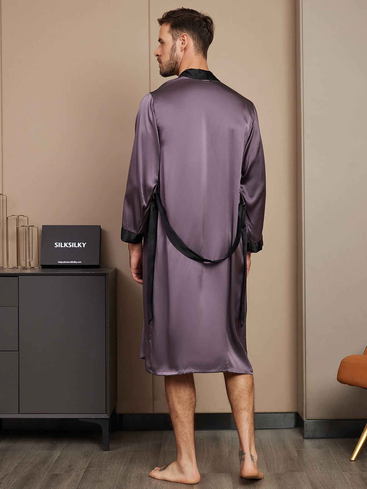 [Purple Gray] SilkSilky-CA Pure Silk Long Sleeve Mens Robe 002