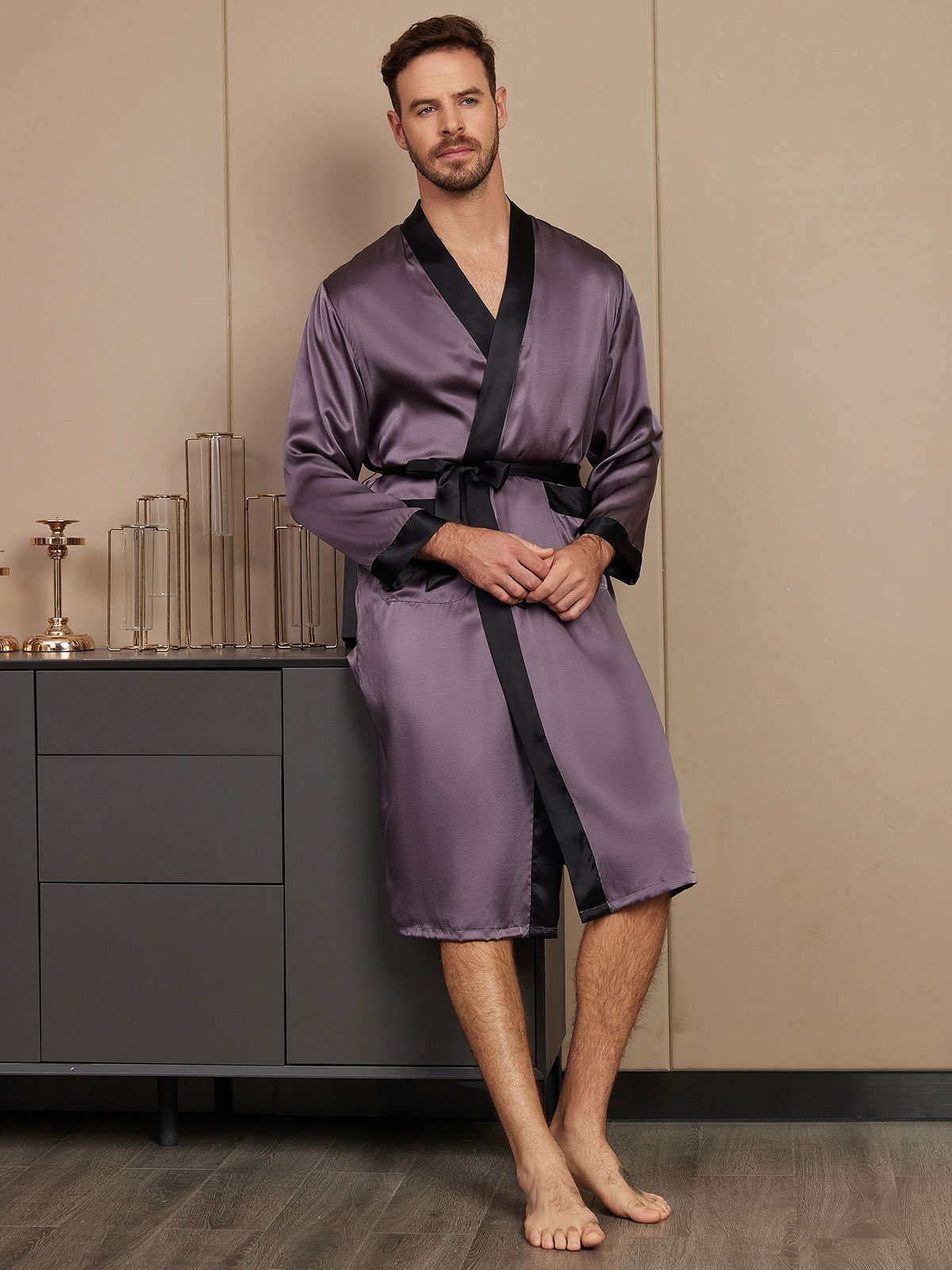 [Purple Gray] SilkSilky-CA Pure Silk Long Sleeve Mens Robe 004