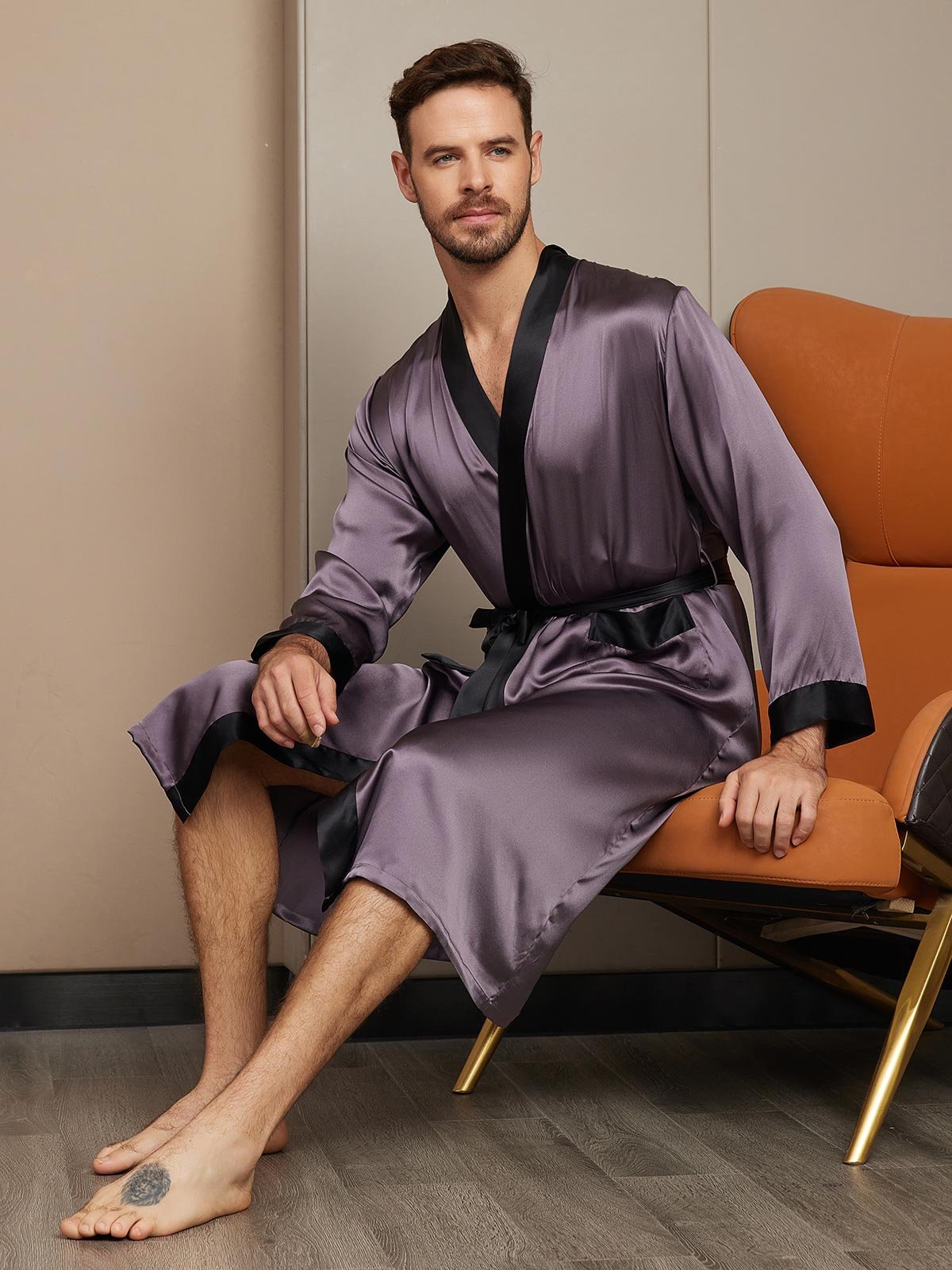 [Purple Gray] SilkSilky-CA Pure Silk Long Sleeve Mens Robe 005