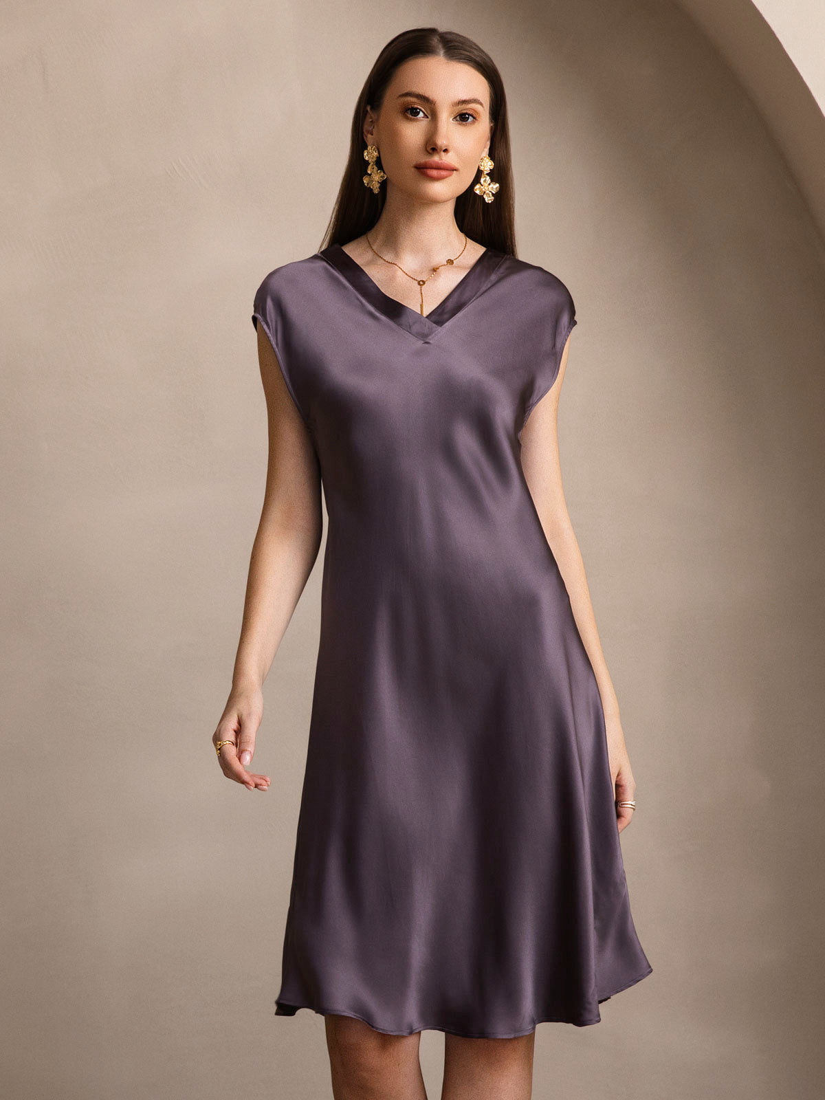 [Purple Gray] SilkSilky-CA Pure Silk Sleeveless V Neck Nightgown 003