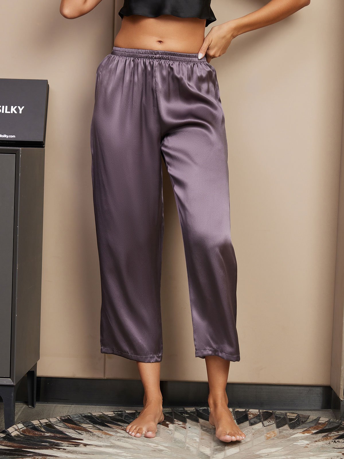 [Purple Gray] SilkSilky-CA Pure Silk Womens Sleep Bottoms 001