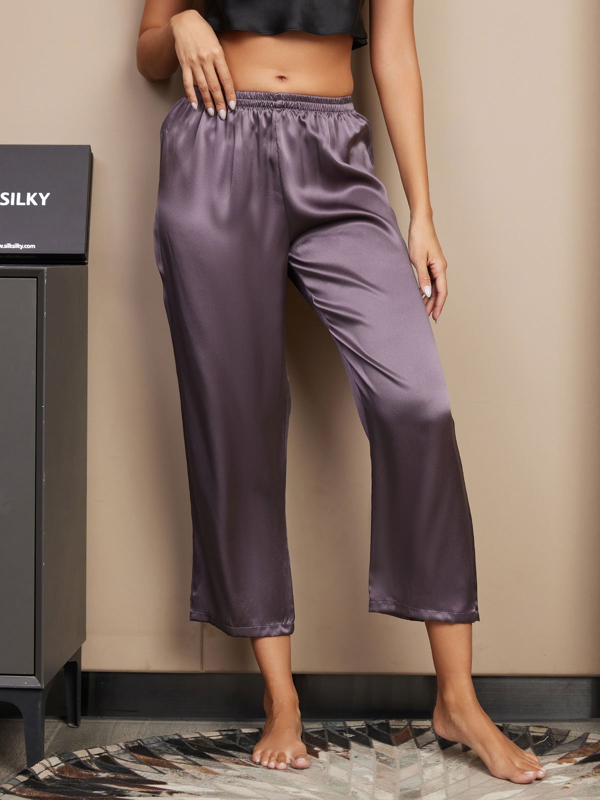 [Purple Gray] SilkSilky-CA Pure Silk Womens Sleep Bottoms 003