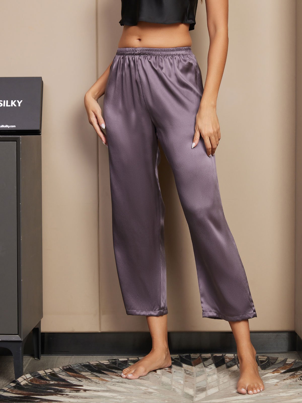 [Purple Gray] SilkSilky-CA Pure Silk Womens Sleep Bottoms 004