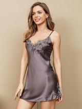 [Purple Gray] SilkSilky-CA 3/4 Sleeve V Neck Nightgown&Robe Set 007