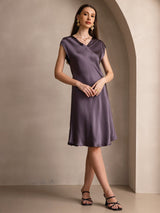 [Purple Gray] SilkSilky-CA Cap Sleeve V Neck Dress 001