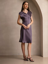 [Purple Gray] SilkSilky-CA Cap Sleeve V Neck Dress 004
