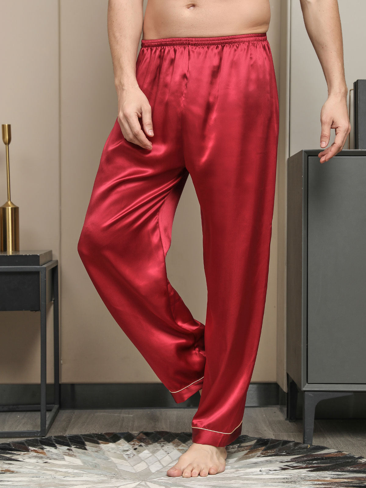[Red] SilkSilky-CA Pure Silk Mens Sleep Bottoms 001