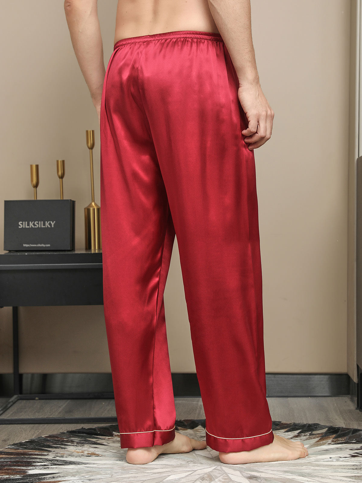 [Red] SilkSilky-CA Pure Silk Mens Sleep Bottoms 002