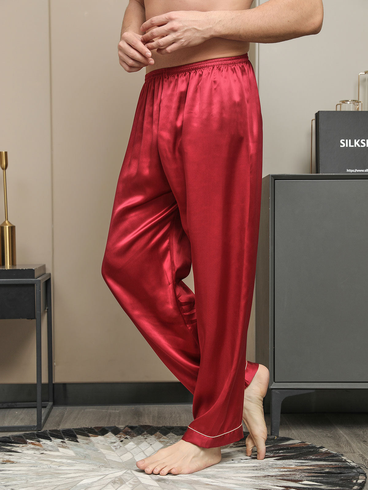 [Red] SilkSilky-CA Pure Silk Mens Sleep Bottoms 003